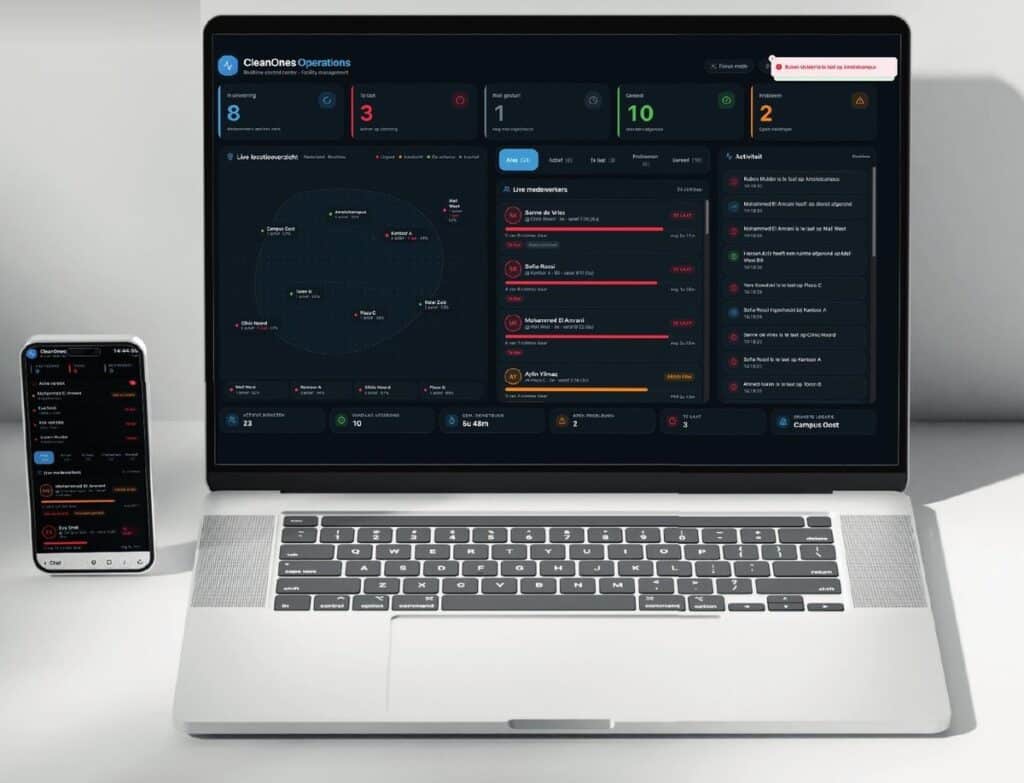 CleanOnes Operations-dashboard op laptop en telefoon met realtime inzicht in diensten en kwaliteit
