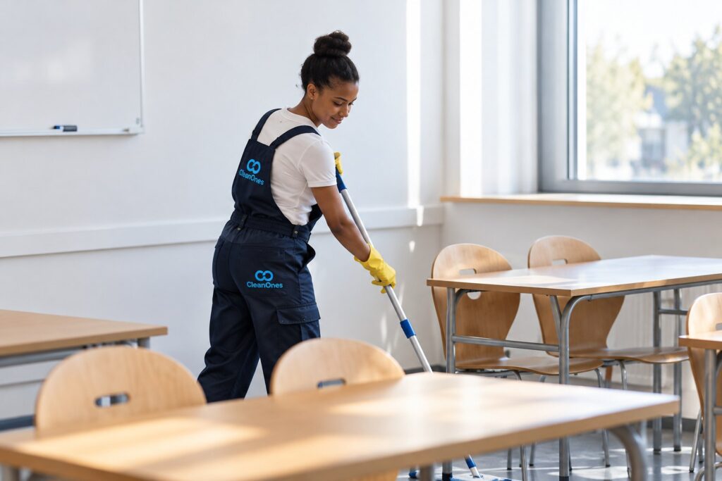 CleanOnes-schoonmaakster in bedrijfskleding dweilt een klaslokaal