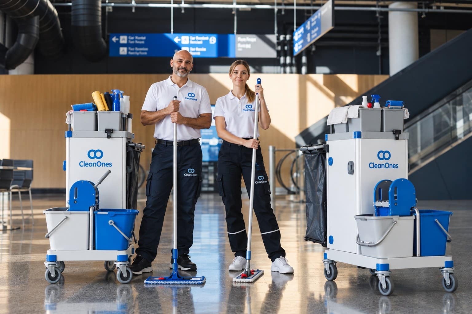 Twee CleanOnes-schoonmakers in bedrijfskleding met mop en schoonmaaktrolleys in een grote hal